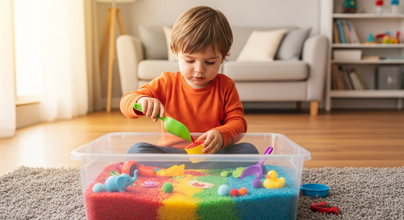 toddler playing independently with sensory bin and activity tray