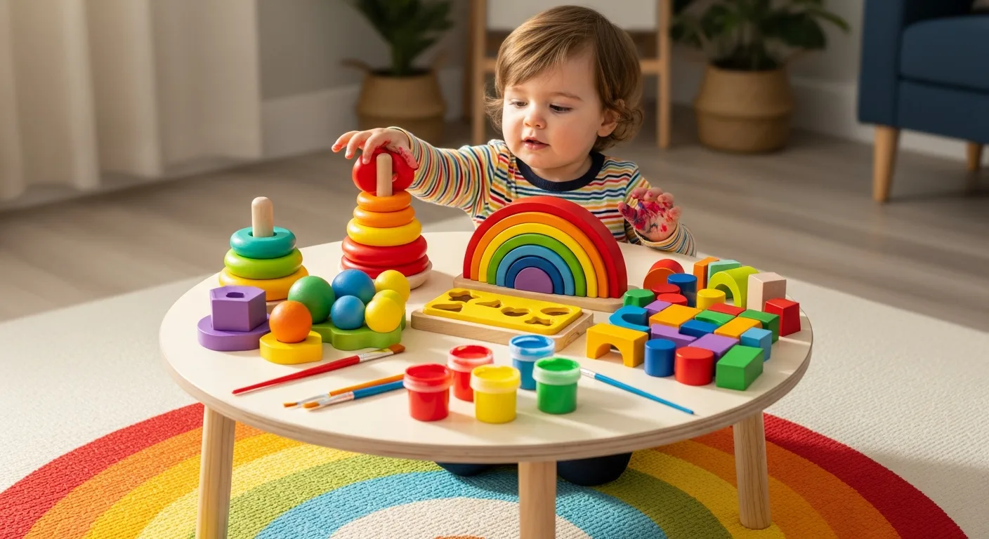 toddler learning colors with colorful toys and activity