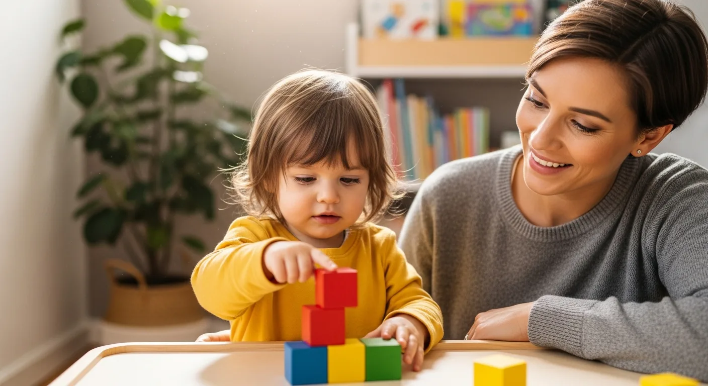 toddler counting and learning numbers with colorful blocks