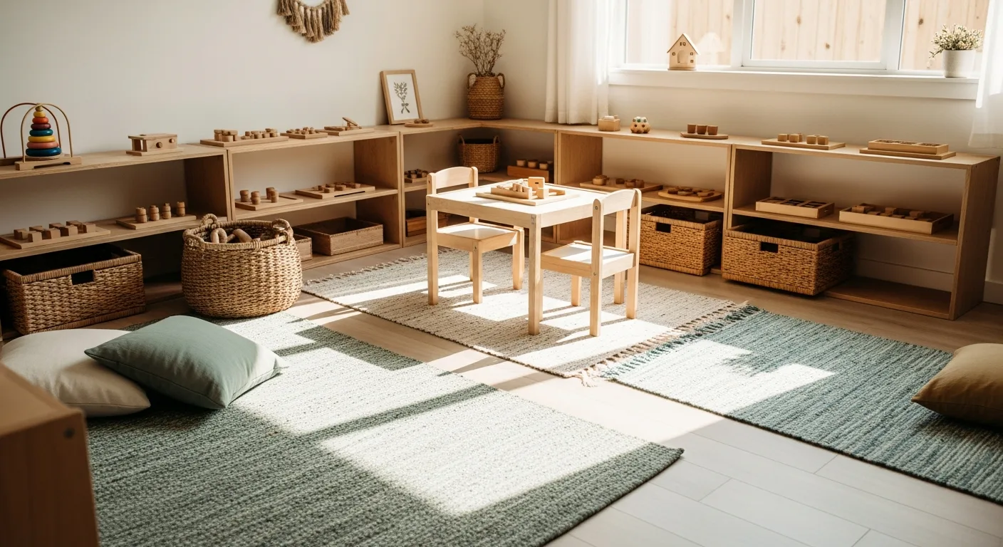 montessori toddler playroom setup with open shelves