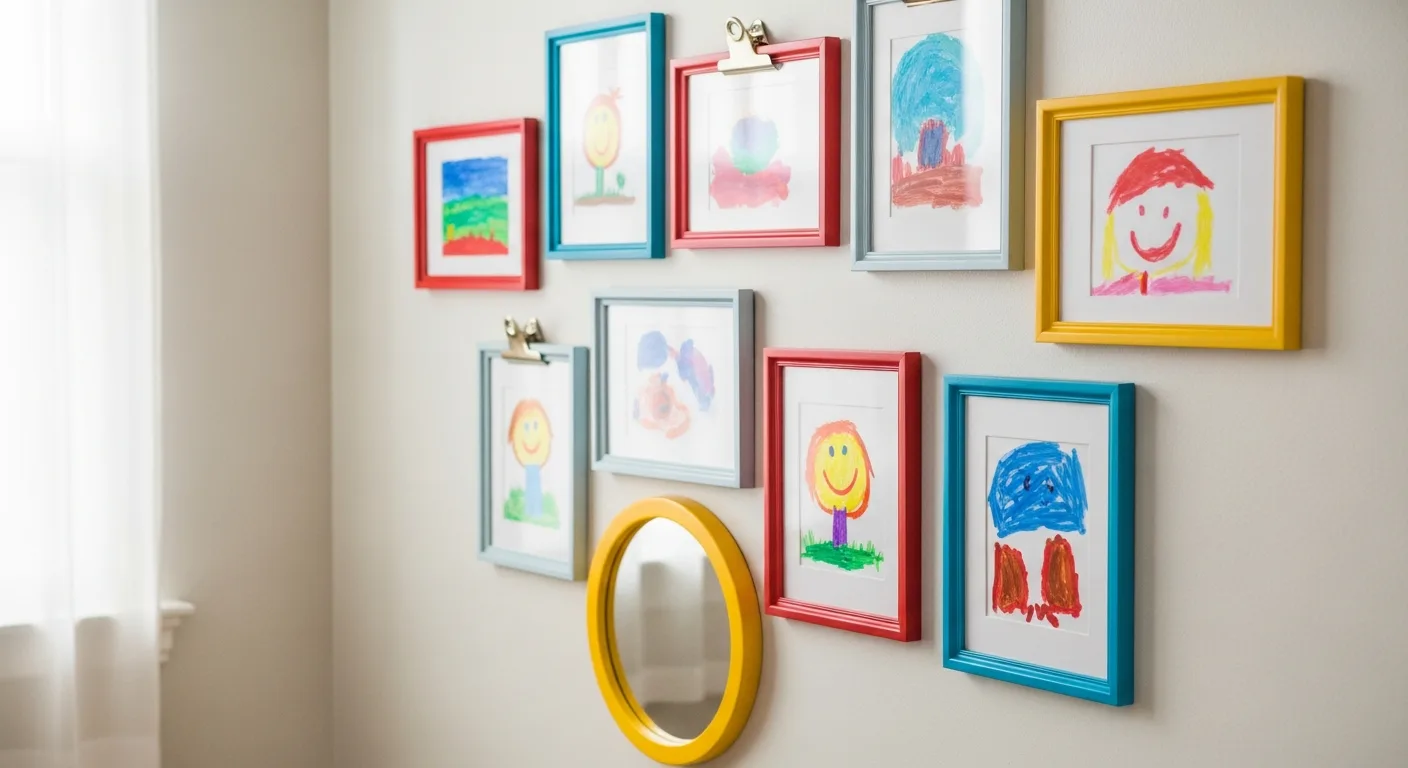 toddler height gallery wall in playroom