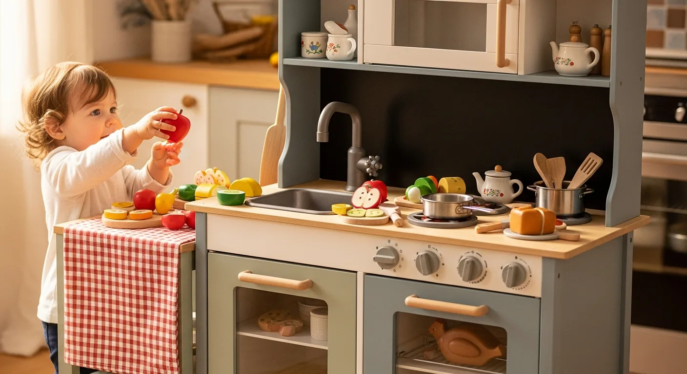 toddler play kitchen and pretend store setup