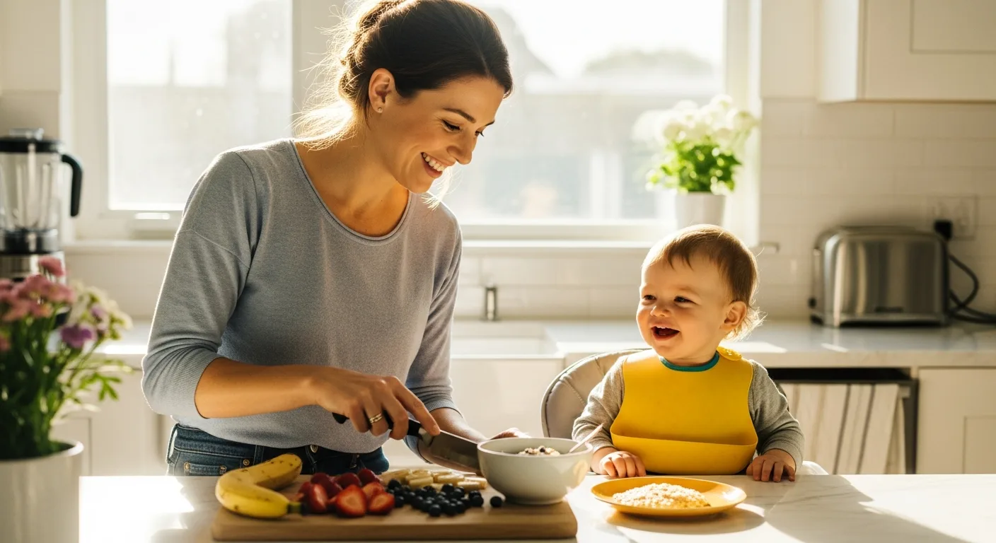 working mom preparing toddler breakfast in the morning