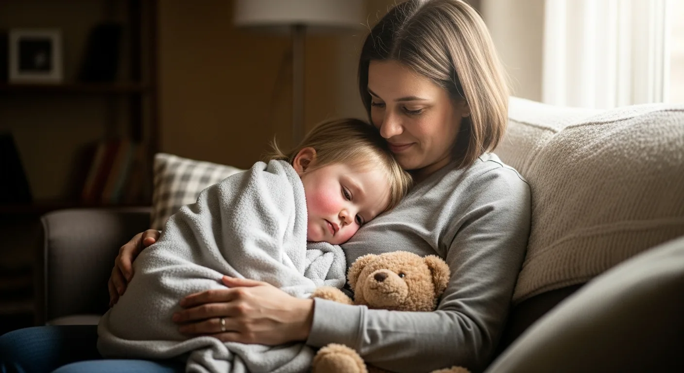 parent comforting sick toddler with blanket and warm drink