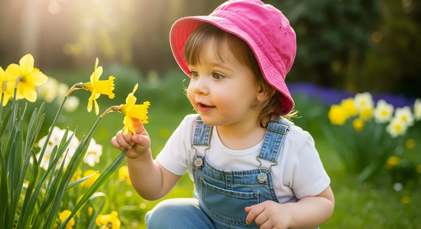 toddler doing spring activities outdoors in the garden