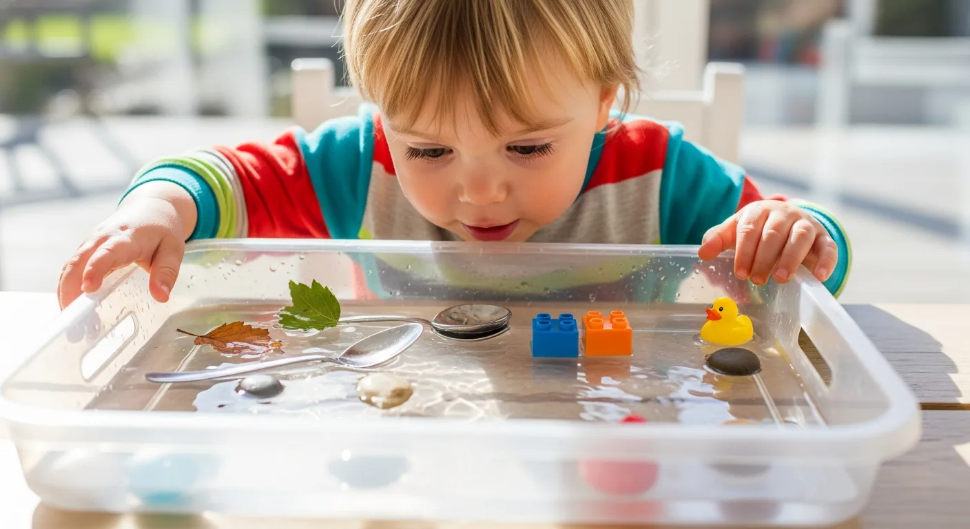 toddler doing stem activities at home with water and containers